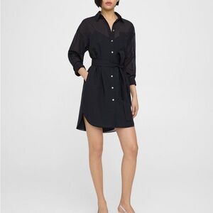 THEORY OVERSIZED Black Pocket Airy Shirting Black Sheer Shirt Dress Wool-Poly MD